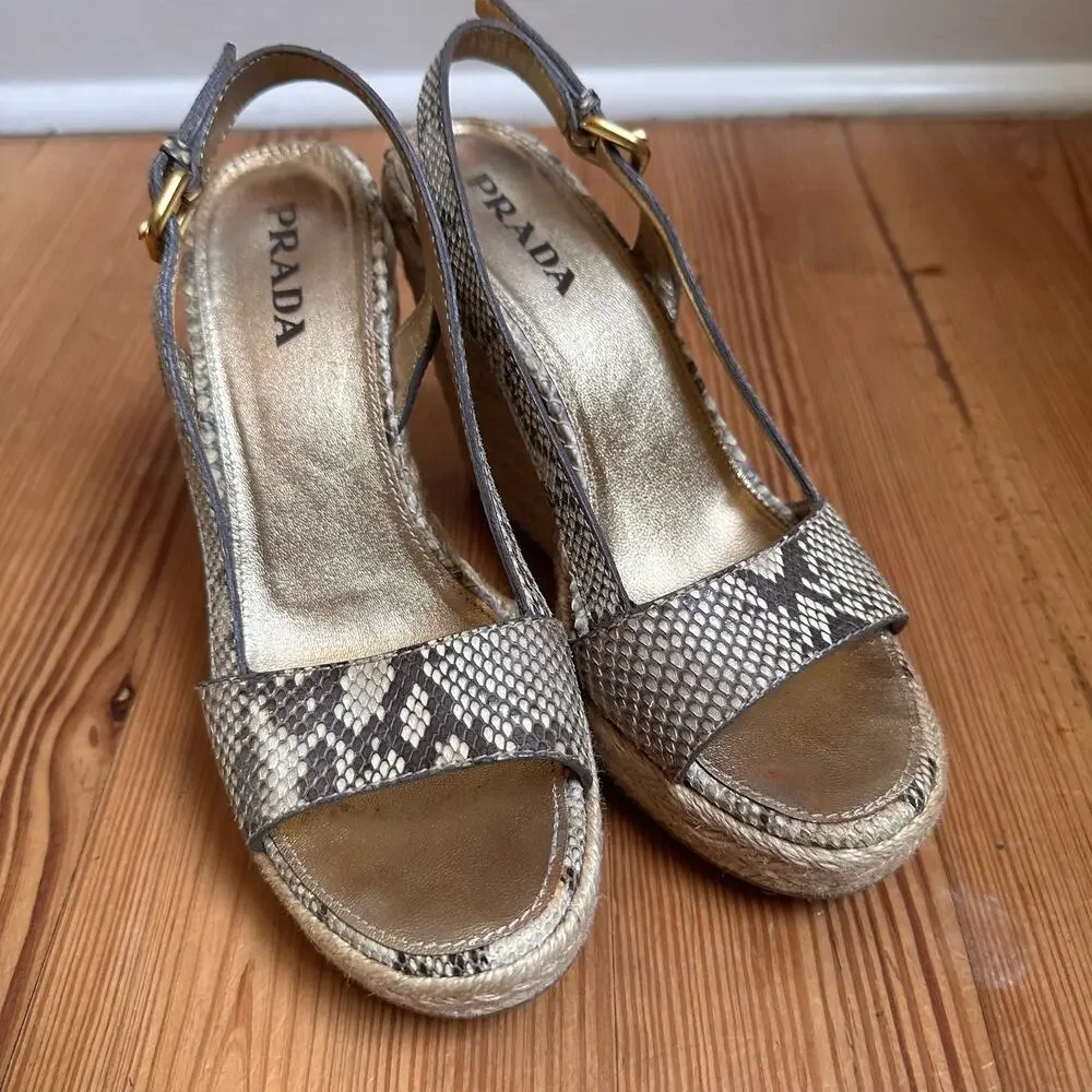 Prada Woven Espadrille Wedge Sandals in Taupe Snake Print - Picture 6 of 9